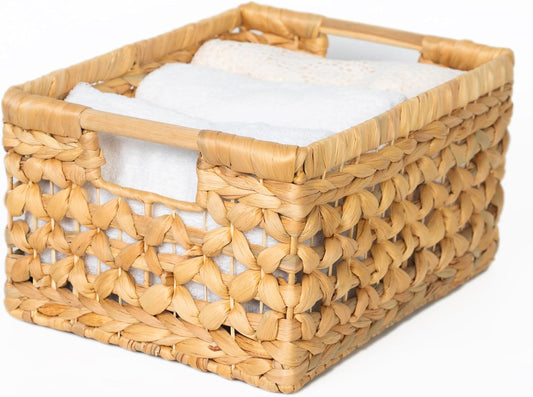 NAYA 11.6" Water Hyacinth Medium Wicker Shelf Basket – Storage Bin | Handwoven water hyacinth shelf basket with sturdy handles for pantry, towels and everyday home organization.