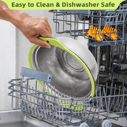 Colander Stainless Steel Microporous, 5QT Large Capacity Rice Washer with Mixing Bowl, 12.5’’Rice Strainer Bowl Set with Handle, Food-Grade Strainers and Colanders for Washing Rice, Pasta