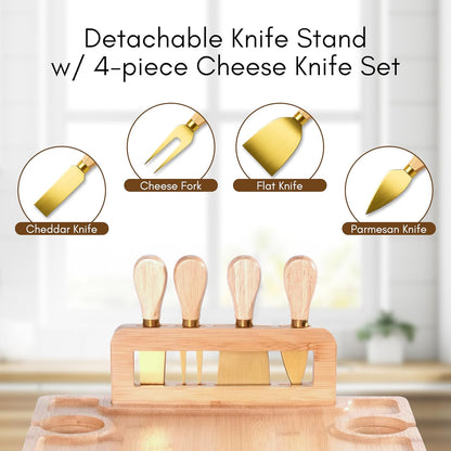 Charcuterie Picnic Table with Wine Glass Holder, Portable Wine & Cheese Board, 4-Piece Cheese Knife Set (Gold) w/Detachable Knife Stand, Bamboo Charcuterie Table, Hosting & Wine Gift