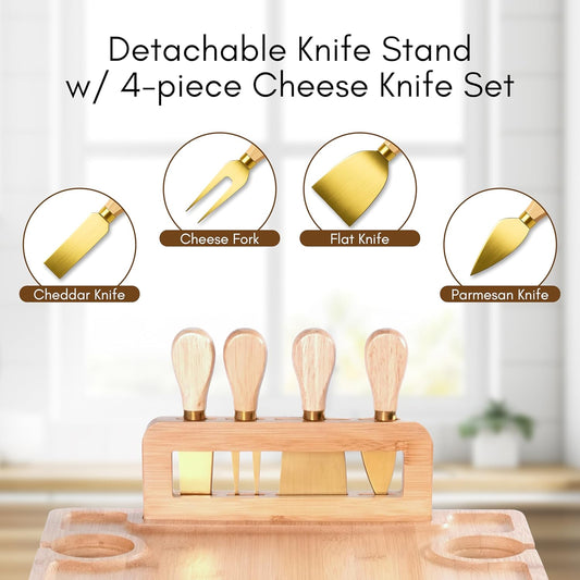 Charcuterie Picnic Table with Wine Glass Holder, Portable Wine & Cheese Board, 4-Piece Cheese Knife Set (Gold) w/Detachable Knife Stand, Bamboo Charcuterie Table, Hosting & Wine Gift