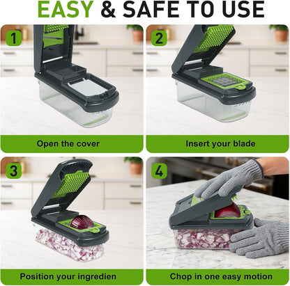 Mandoline Slicer for Kitchen, Vegetable Chopper & Dicer, Professional Food Slicer with Stainless Steel Blades, Safe Veggie Chopper for Onion Potato Carrot Fruit, Easy to Clean