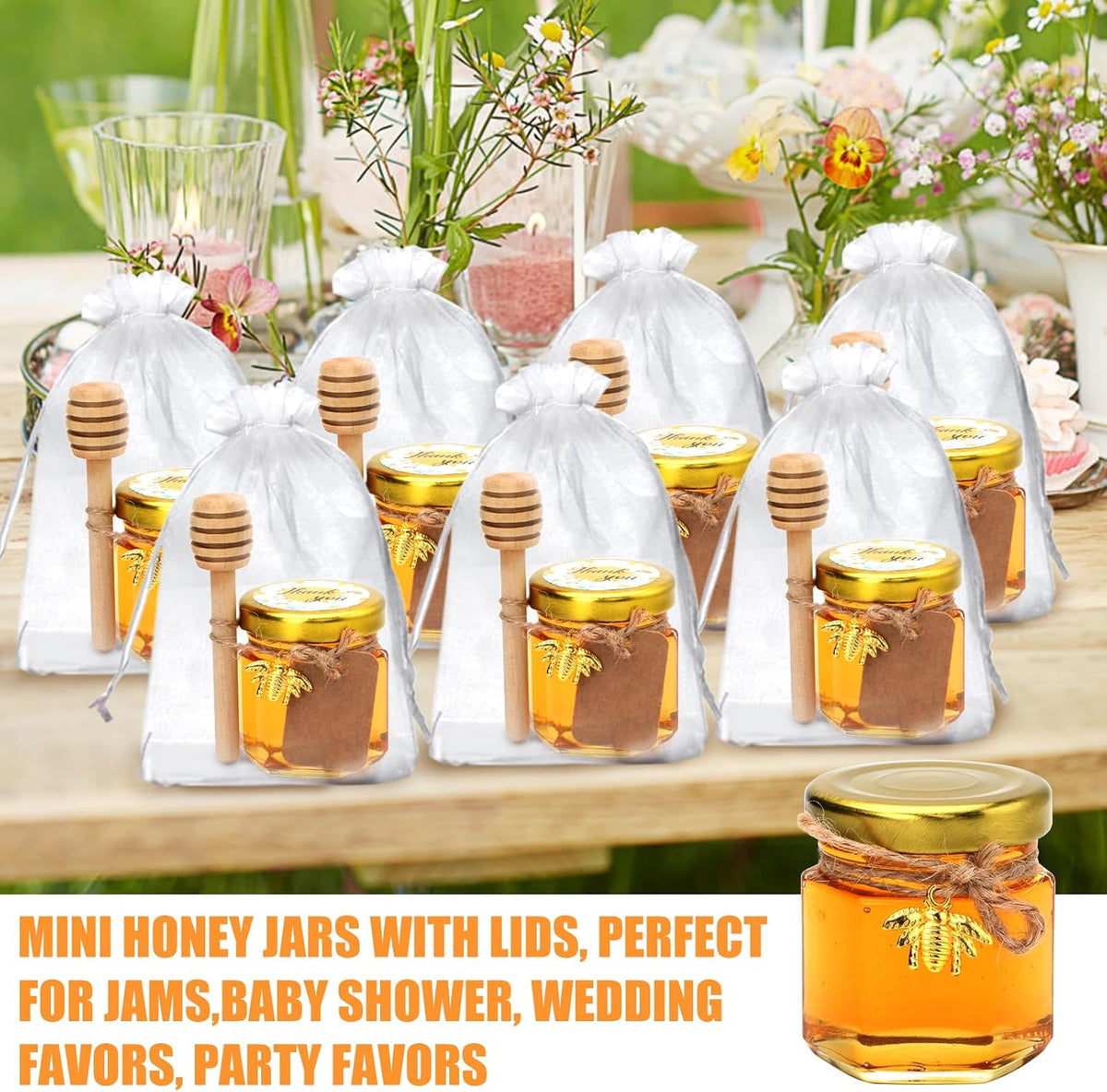 XING-RUIYANG 1.5 oz Hexagon Mini Glass Honey Jars -30Pack Honey Jars with Wood Dipper, Gold Lid, Bee Pendants, Jutes - Perfect for Baby Shower, Wedding Favors, Party Favors
