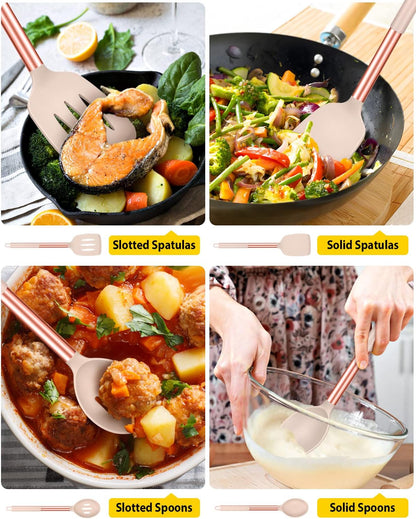 Pack of 4 Silicone Cooking Utensils Set, Non Stick Large Solid Spatulas, Heat Resistant Black Slotted Spoons, Ideal BPA Free Kitchen Turners for Frying, Mixing,Serving,Draining,Turning,Stirring