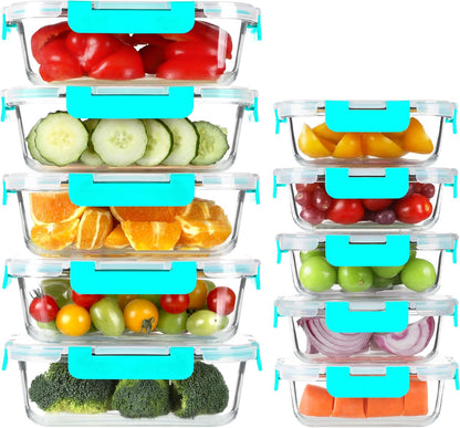 BAYZZ 10 Pack Glass Meal Prep Containers, Glass Food Storage Containers with Lids, Airtight Lunch Box, Freezer,Oven,Microwave and Dishwasher Safe