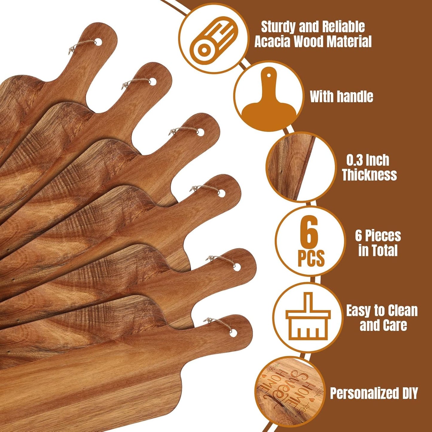 Patelai 6 Pcs 15 x 7 Inch Bamboo Cutting Board Set with Handles Laser Engraving Wooden Charcuterie Kitchen Plain Serving Chopping Board Bulk for DIY Housewarming
