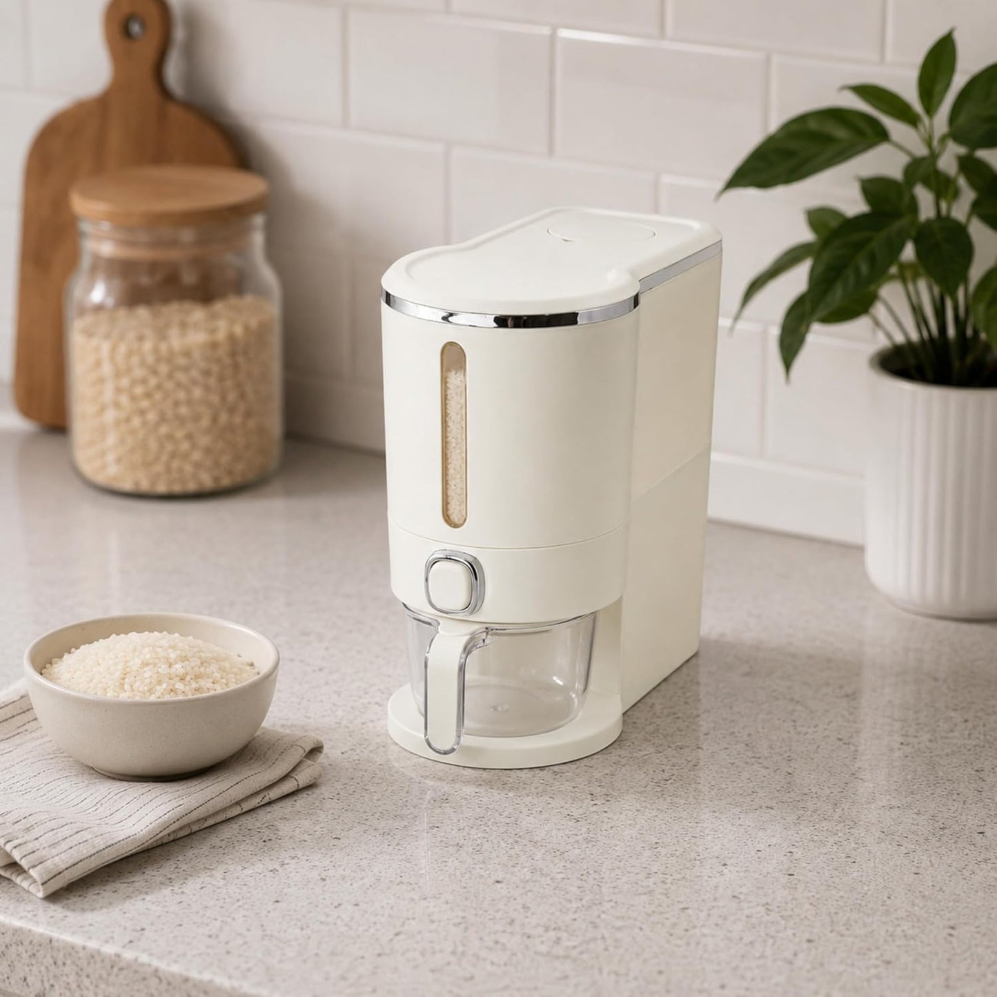 ROOM127 Slim Rice Dispenser 11 Lbs, Airtight Rice Storage Container with Measuring Cup, One-Touch Dry Food & Cereal Dispenser with Clear Window for Kitchen Countertop, Milk Tea Brown