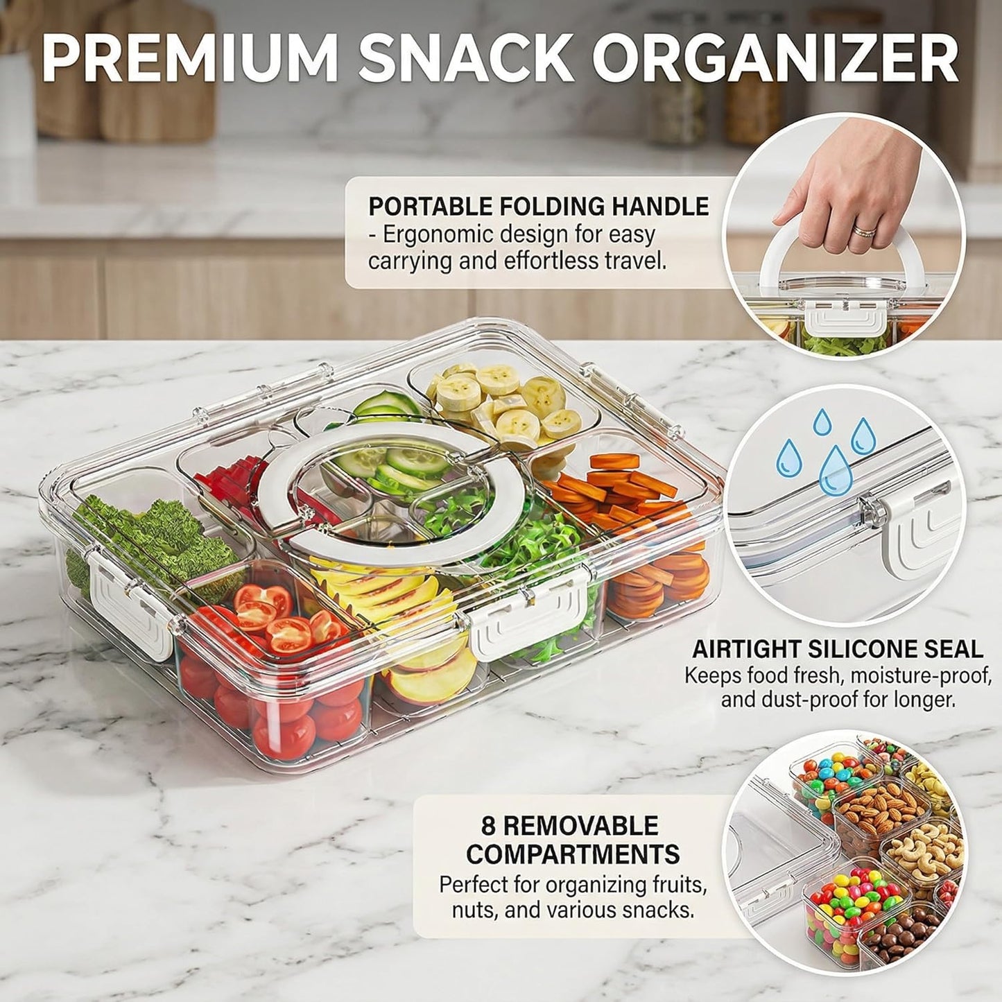 8 Compartments Divided Snackle Box Container with Lid & Handle,Portable Clear Serving Tray Platter for Fruit,Candy,Veggies,Snacks for Picnic,Travel,Beach,Entertaining