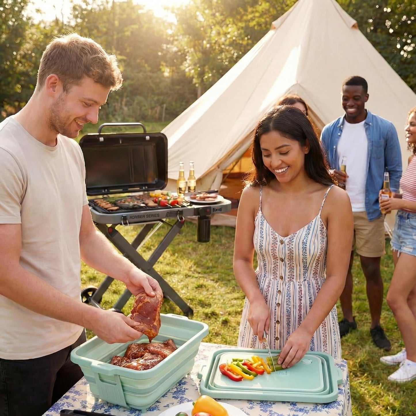 Feasto Collapsible BBQ Prep Tubs with Cutting Board, 9-IN-1, 2 Tubs Portable Grill Prep Station with Side Brackets, Lids, Knives, Meat Claws and Drain Rack, Space-Saving for Kitchen & Camping, Black