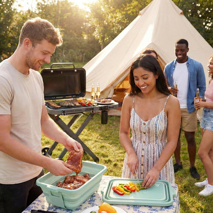 Feasto Collapsible BBQ Prep Tubs with Cutting Board, 9-IN-1, 2 Tubs Portable Grill Prep Station with Side Brackets, Lids, Knives, Meat Claws and Drain Rack, Space-Saving for Kitchen & Camping, Black