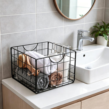 DINGTAI Metal Wire Basket Organizer Foldable Set of 6, Food Storage Mesh Bin with PVC Sheet, Freezer Organizer Bins for Pantry Closet Bathroom-Black