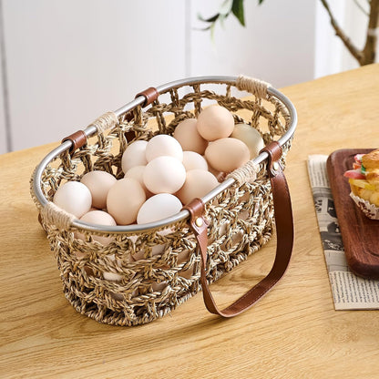 Egg Baskets for Collecting Fresh Eggs Farmhouse Handmade Wicker Hyacinth Egg Collecting Basket with Handle