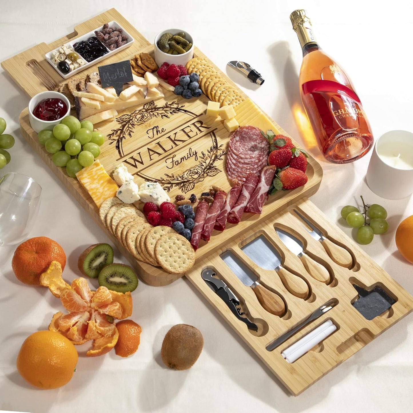 Personalized Charcuterie Board Gift Set, Custom Engraved Large Bamboo Cheese Board with Double-Sided Design, Knife Drawer, Ceramic Bowls & Cheese Knives, Wedding, Anniversary & Housewarming Gift