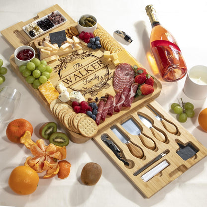Personalized Charcuterie Board Gift Set, Custom Engraved Large Bamboo Cheese Board with Double-Sided Design, Knife Drawer, Ceramic Bowls & Cheese Knives, Wedding, Anniversary & Housewarming Gift