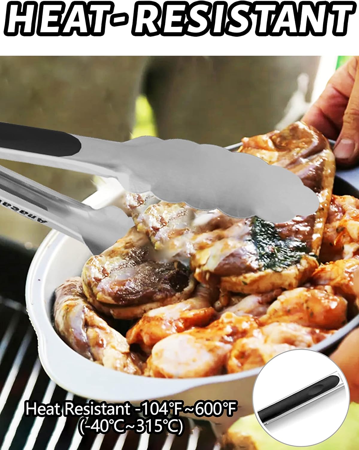 Anaeat Premium Kitchen Locking Tong Set of 3 - Heavy Duty Stainless Steel Food Tongs with Long Handle & Non-Slip Silicone Grip for Cooking, Baking, Grilling - Heat Resistant up to 480°F