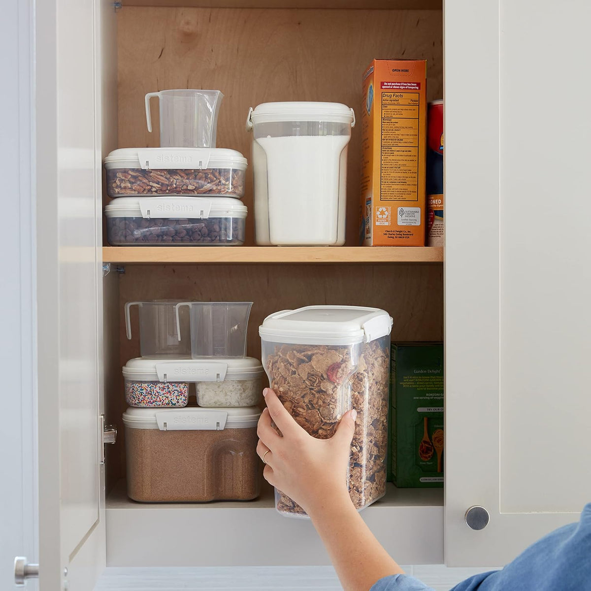 Sistema Flour and Sugar Storage Containers for Pantry with Lids and Measuring Cup, Dishwasher Safe, 13.7-Cup, White