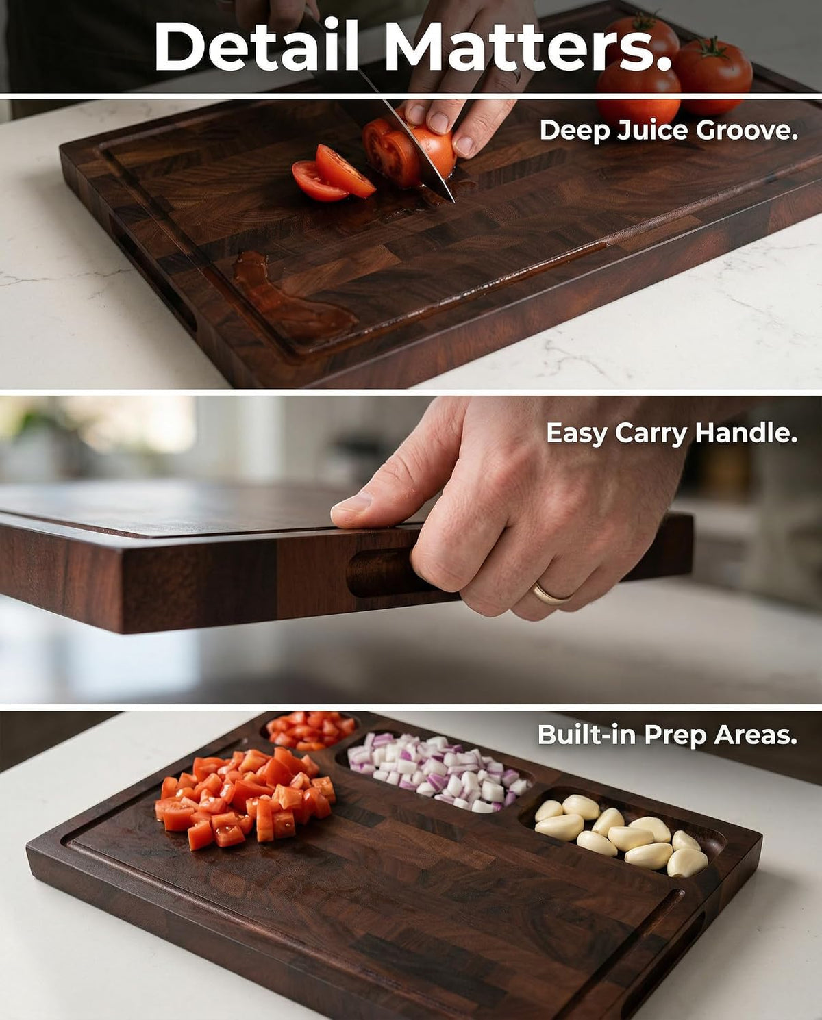 CARTMAN 3-Piece Walnut Cutting Board Set with Dual-Purpose Holder, End Grain Wood Cutting Boards for Kitchen, Perfect for Meat, Vegetables and Charcuterie Displays