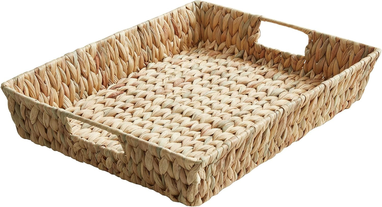 CROS Water Hyacinth Wicker Serving Tray with Handles, Rectangular Coffee Table Tray and Decorative Storage Basket for Home, Kitchen, Living Room, 16.93" x 13" x 3.15"
