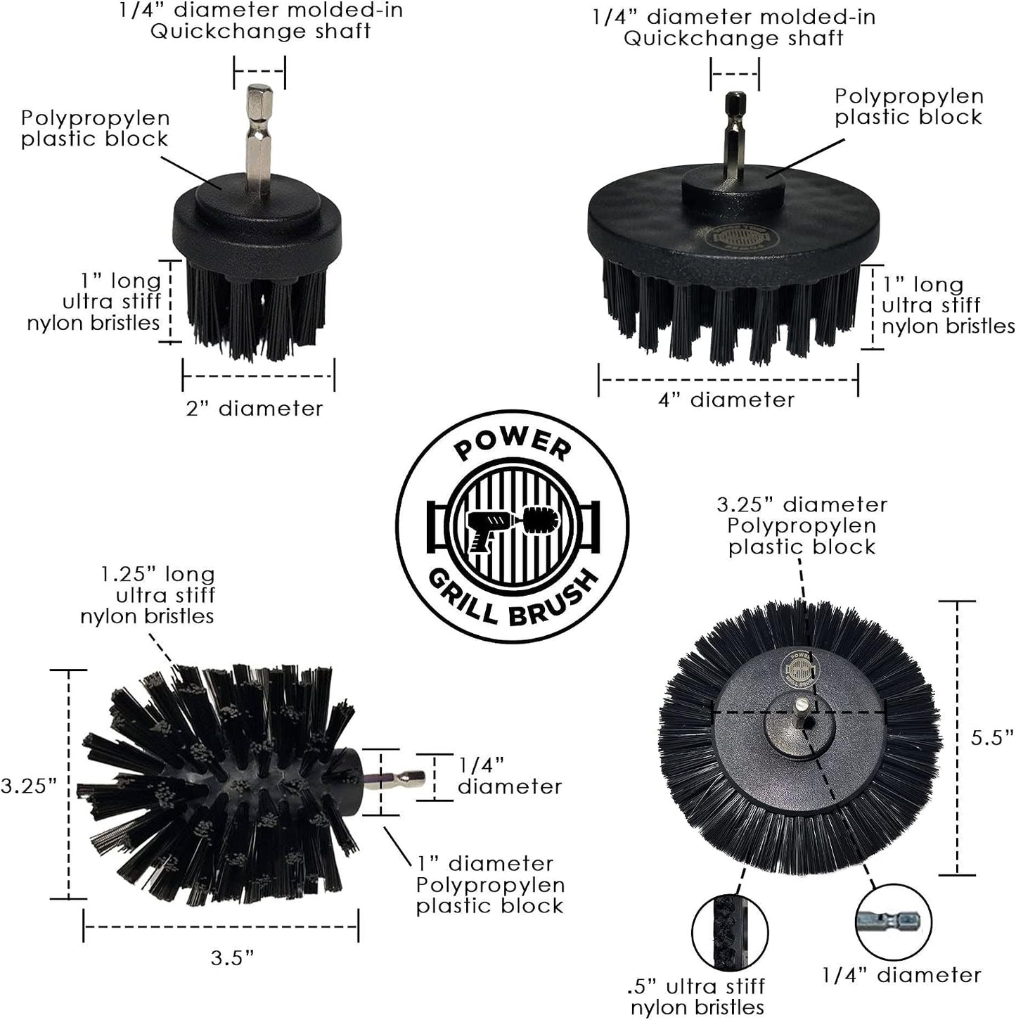 Power Grill Brush - Grill Brush 5 Piece BBQ Cleaning Kit - Nylon Safe Bristle, Wire Free, Safe for All Grates Stainless Steel, Porcelain, Charcoal Smoker Grill Cleaner Scraper, Accessories Outdoor