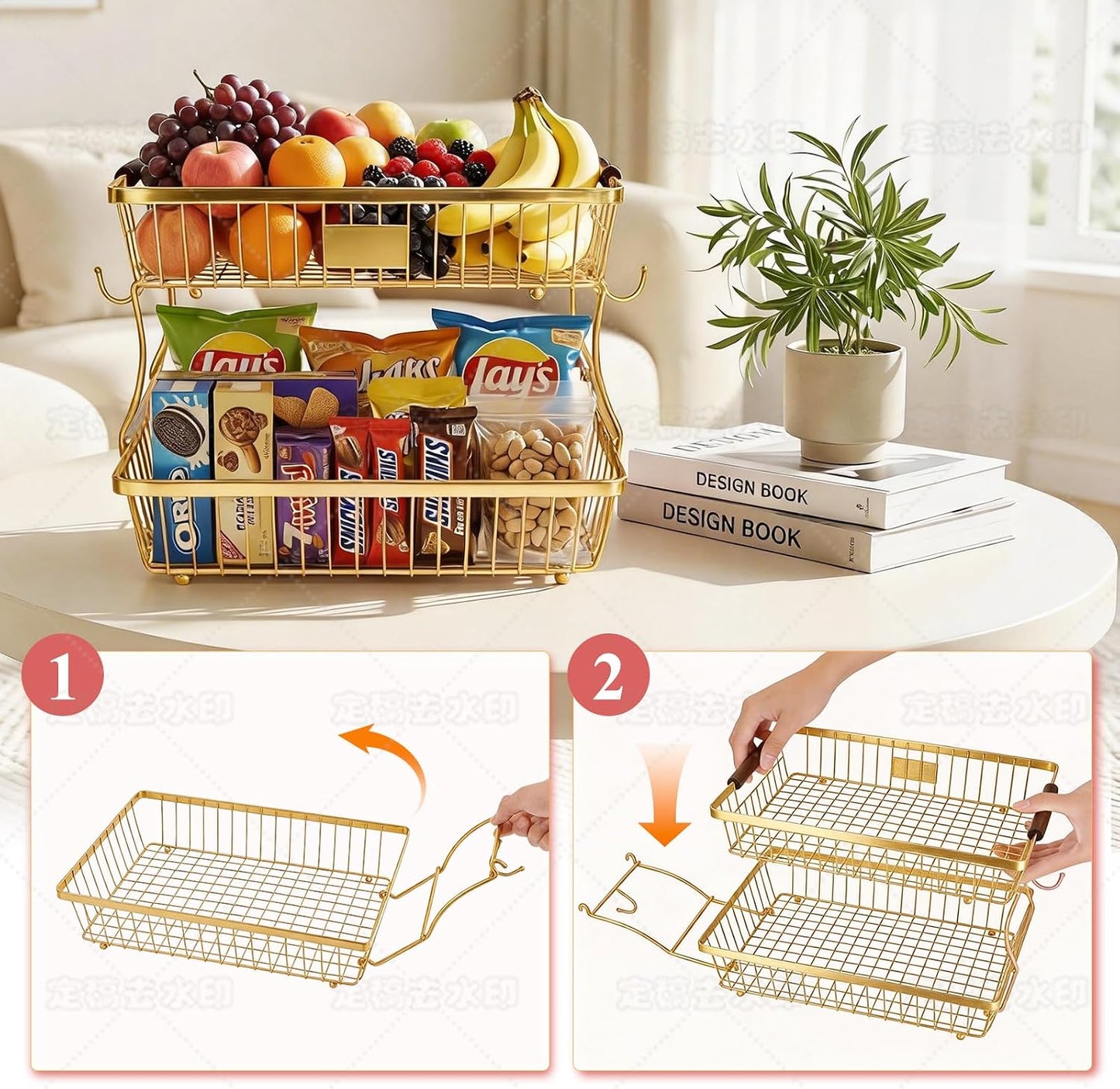 2-Tier Stackable Wire Basket with 2 Banana Hooks, Pantry Organizer for Kitchen Countertops, Cabinets & Under-Sink Spaces; Ideal for Storing Snacks, Fruits, Veggies, Onions, Potatoes, & More,Black