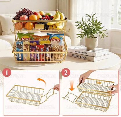 2-Tier Stackable Wire Basket with 2 Banana Hooks, Pantry Organizer for Kitchen Countertops, Cabinets & Under-Sink Spaces; Ideal for Storing Snacks, Fruits, Veggies, Onions, Potatoes, & More,Black