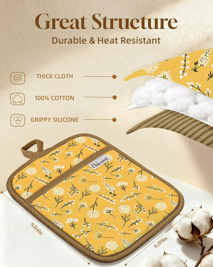 100% Thick Cotton Pot Holders Ribbed Soft Silicone Bright Flower