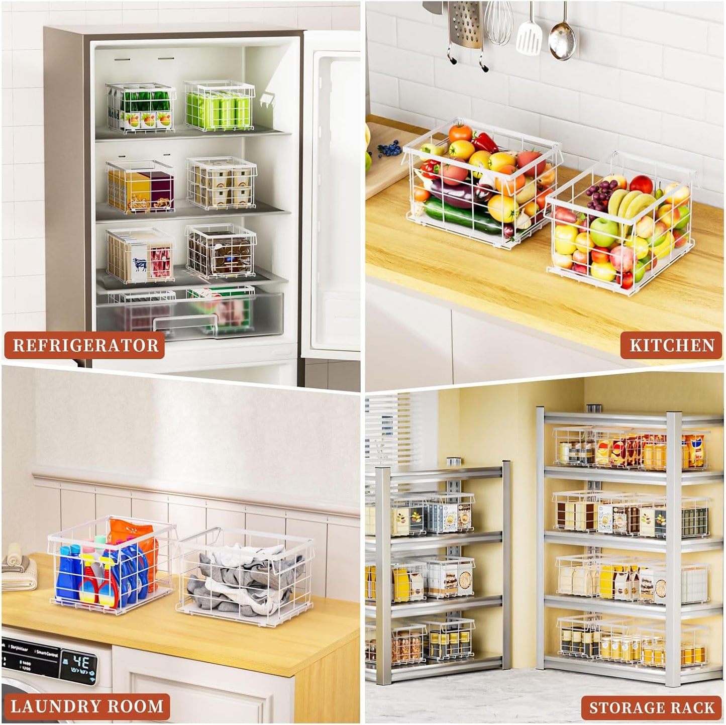 Freezer Organizer Bins, Upgrade Quick Expand/Collapse Feature, for 3.5 Cu.Ft Deep Freezer, 3 Pack Stackable Deep Freezer Organizer Bins, Black Wire Foldable Baskets with Handles (Black 3 Pack)