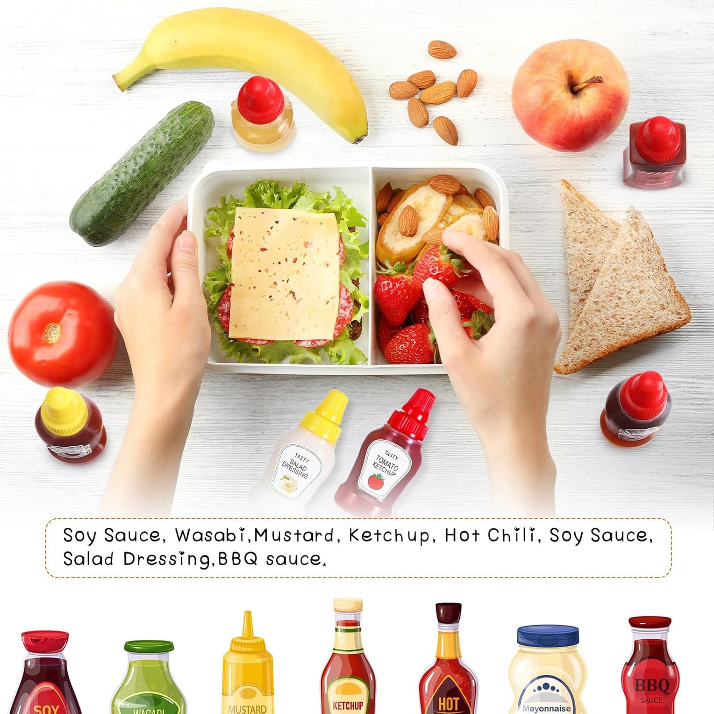 130 Pcs Bento Box Accessories for Kid Including 8 Pcs Plastic Portable Mini Ketchup Bottles 2 Pcs Bear Shaped Condiment Squeeze Bottle 120 Pcs Animal Food Picks for Salad Dressing Soy Sauce