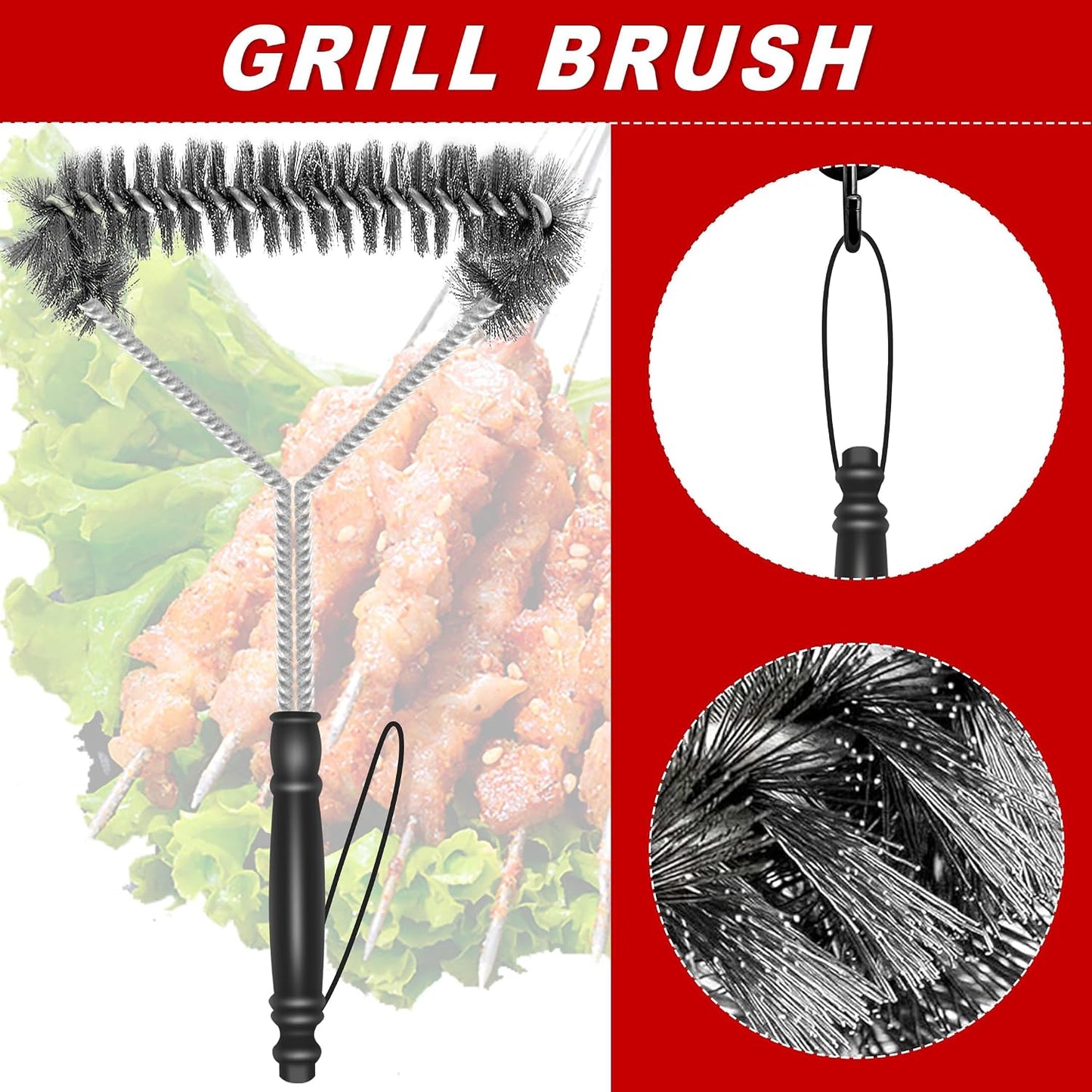 BBQ Master 4-Piece Grill Cleaning Kit, Heavy Duty Wire Brush and Scraper Set with Silicone Basting Brushes, Black and Red, 8.22 Inch Length, for Gas and Charcoal Grills