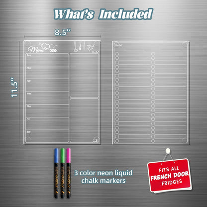 Clear Non-Magnetic Meal Planner Set for Fridge - Dry Erase Transparent Menu and List Board - Sticks to Wall, Glass, Door, Any Smooth Surfaces