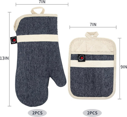 Oven Mitts and PotHolders Sets, 4 Pcs Kitchen Oven Glove High Heat Resistant 400°F Pot Holders for Kitchen, Non-Slip Neoprene Oven Mitts are Suitable for Cooking, Baking (Black)