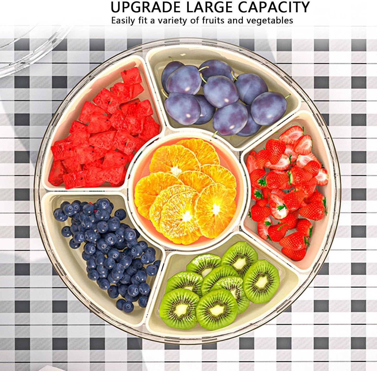Divided Serving Tray with Lid & Handle, Plastic Portable Food Storage Container Snack Platters Divided Serving Platter with 6 Compartments for Fruit Snack Candy, Nut