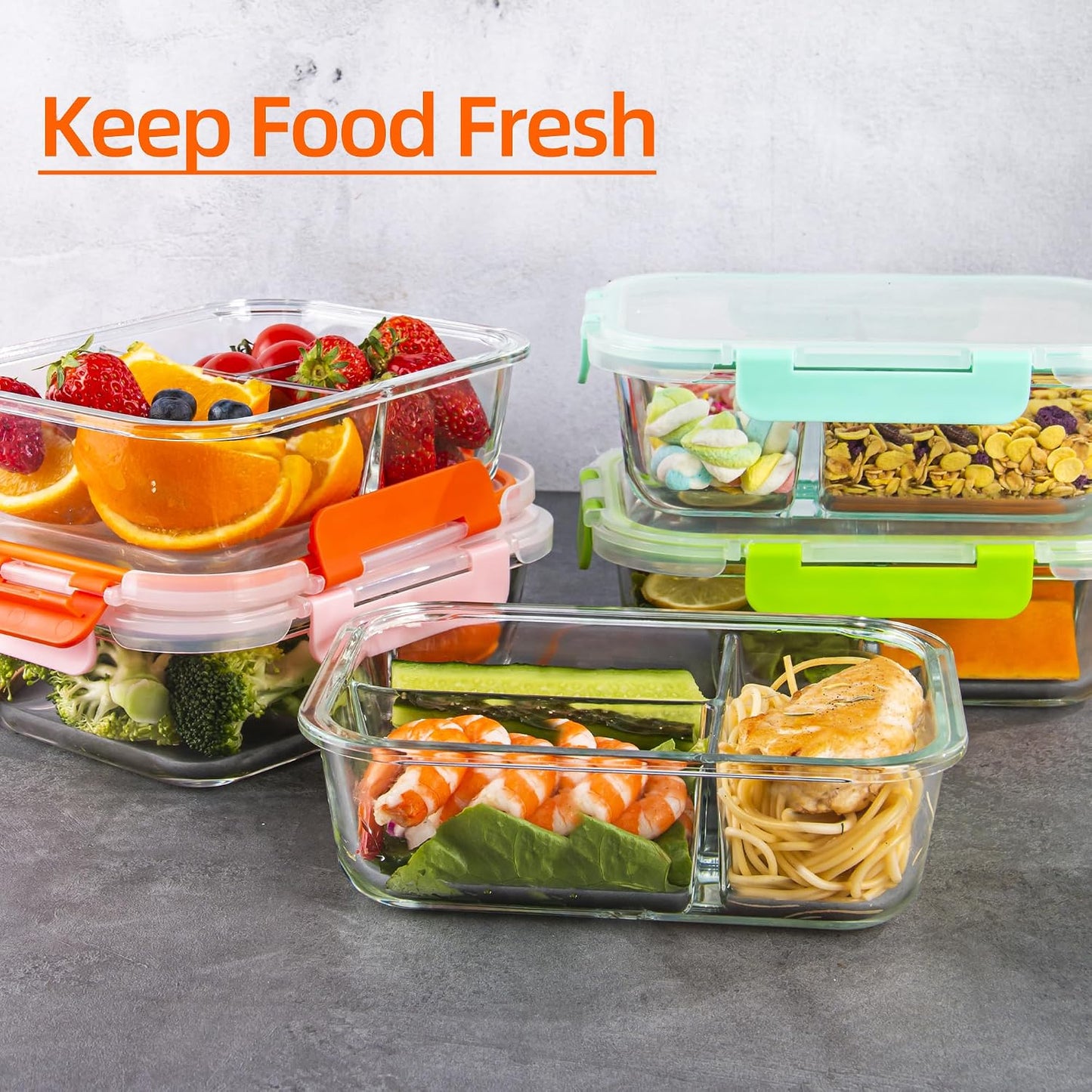 5 Pack Glass Meal Prep Containers 3 Compartment with Lids, Divided Glass Storage Containers with Silicone Sleeve for Lunch, Leak-Proof Portion Control Food Containers, Dishwasher Safe, 34 oz