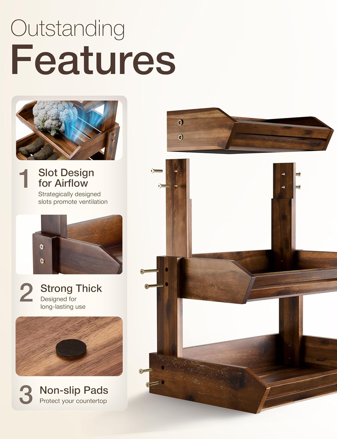 HOLANA Acacia 2 Tier Fruit Basket for Kitchen Counter Organizer – Wooden Fruit Bowl & Wooden Basket for Kitchen Counter Storage, Vegetable & Produce Storage, Snack Organizer for Countertop (Acacia)