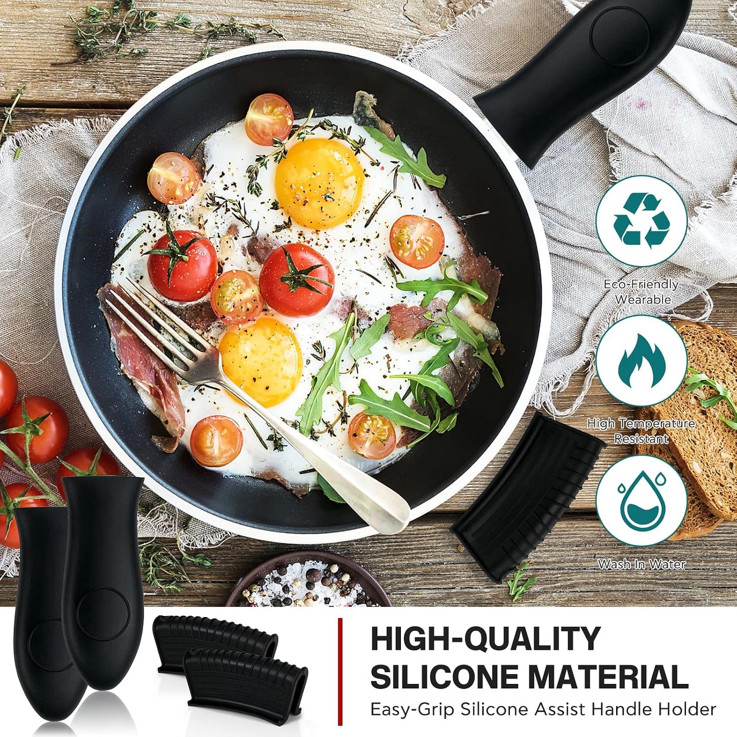 6 Pcs Silicone Pot Holders Set Cast Iron Handle Cover Heat Resistant Pot Handle Covers Potholder Non Slip Reusable Pan Sleeve for Frying Pan Kitchen Supplies (Black)
