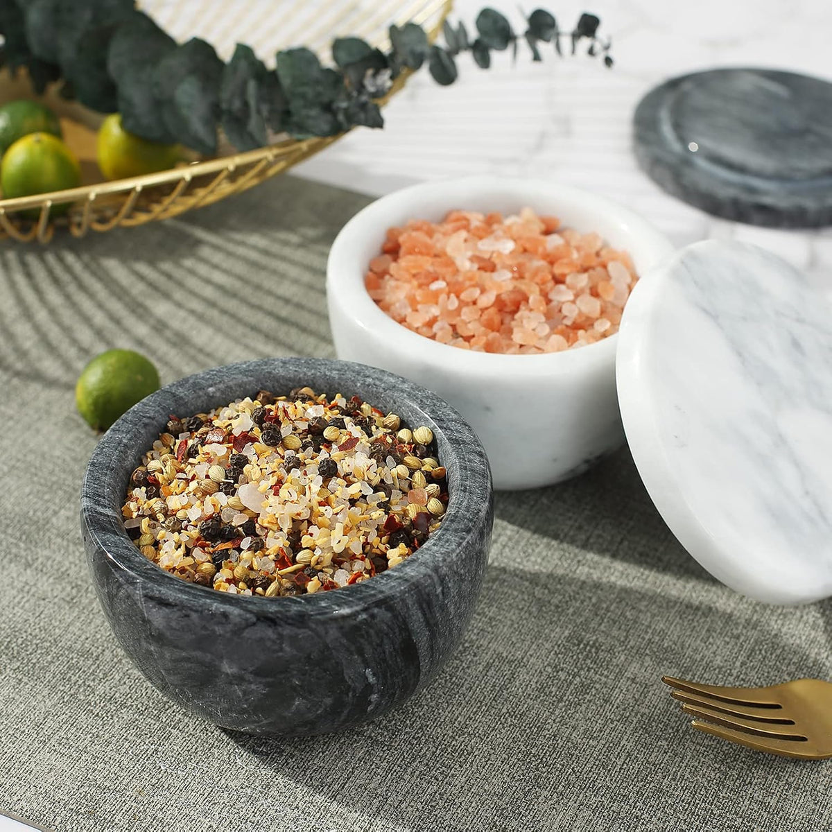 jalz jalz Acacia Wood Salt Cellar with white Marble Lid, 10oz Pinch Pot & Spoon