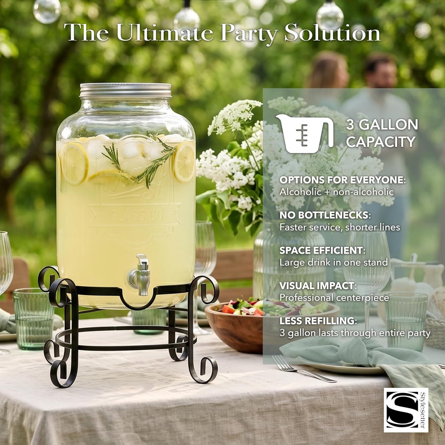 Style Setter Beverage Dispenser Cold Drink Dispenser Glass Jug, Metal Stand & Leak-Proof Acrylic Spigot Great for Parties, Weddings & More (With Metal Rack)