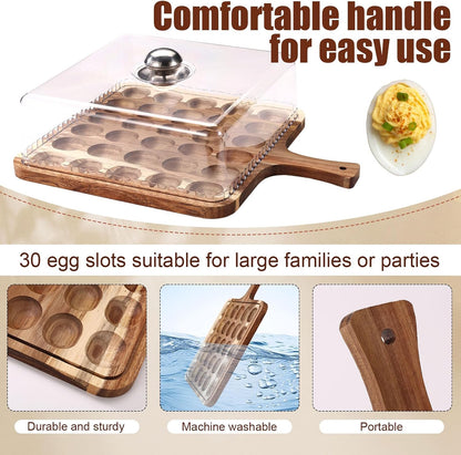 Deviled Egg Containers with Lid & Handle, Square 30 Holes Wooden Deviled Egg Storage Platter Serving Tray Carrier Food Containing Plate Holder for Home Party Supply