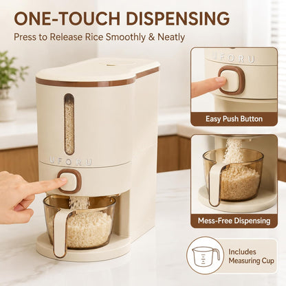 ROOM127 Slim Rice Dispenser 11 Lbs, Airtight Rice Storage Container with Measuring Cup, One-Touch Dry Food & Cereal Dispenser with Clear Window for Kitchen Countertop, Milk Tea Brown