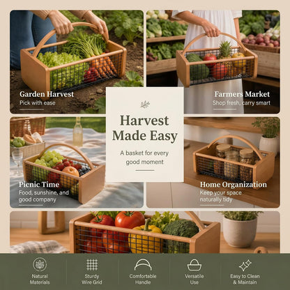Garden Harvest Basket for Gathering Vegetables, Fruits & Flowers – Durable Wooden Hod with Rotating Handle, Coated Wire Mesh Produce Caddy for Rinsing, Draining & Farmhouse Decor