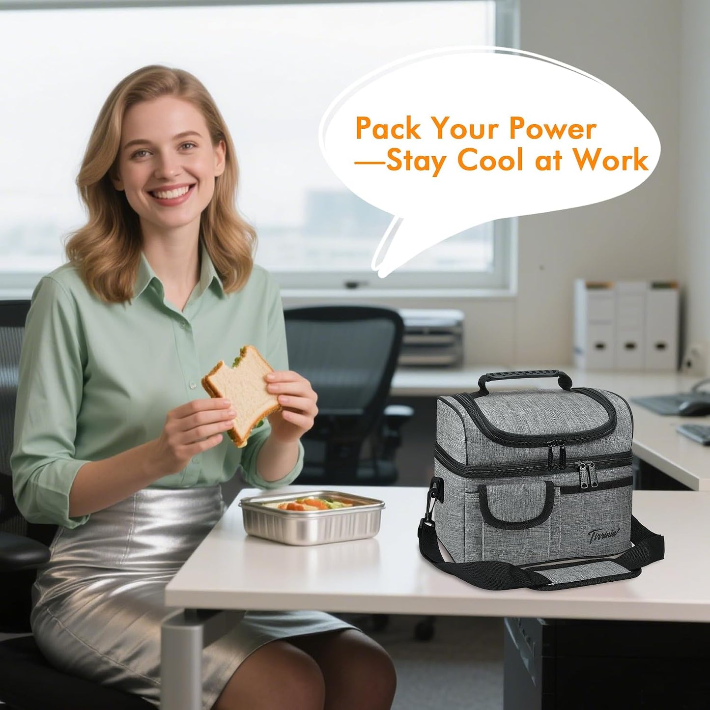 Tirrinia Reusable Lunch Box for Men Women, Insulated Lunch Bag Adult Work, Double Decker Leakproof Lunchbox for Office Picnic Beach—Dual Compartment Lunch Cooler Bag