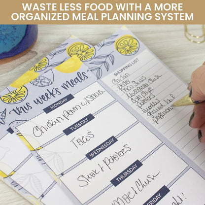bloom daily planners Weekly Meal Planning Pad - Magnetic Hanging Refrigerator Menu Planner with Tear-Off Sheets & Perforated Grocery Shopping Lists - 6” x 9” (Grey & Pink)