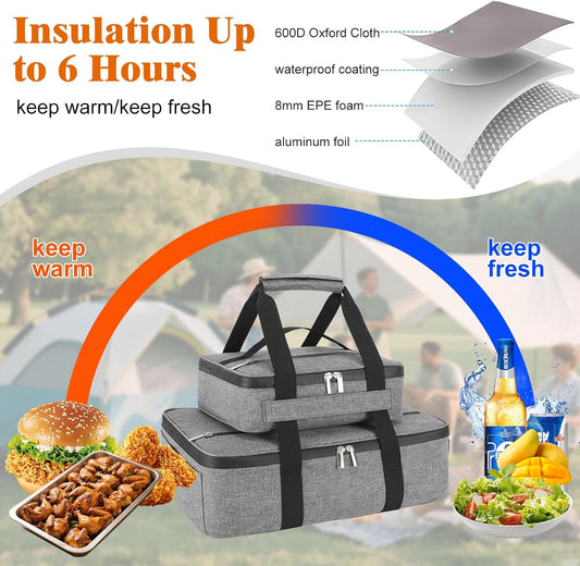 Insulated Casserole Carrier for Hot or Cold Food, Fits 8"-15" Baking Dish，Thermal Food Carrier Bag, Lasagna Lugger Tote for Potluck Parties/Picnic/Cookouts/Lunch, Grey，2 Pack