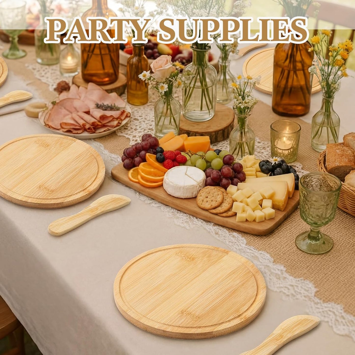 Nuenen 50 Pcs Mini Wooden Charcuterie Board Bulk, Small Wood Cutting Board for Crafts Laser Engraving with Knives Organza Bags Wedding Baby Shower Favors Gift (Square,Bamboo Color)