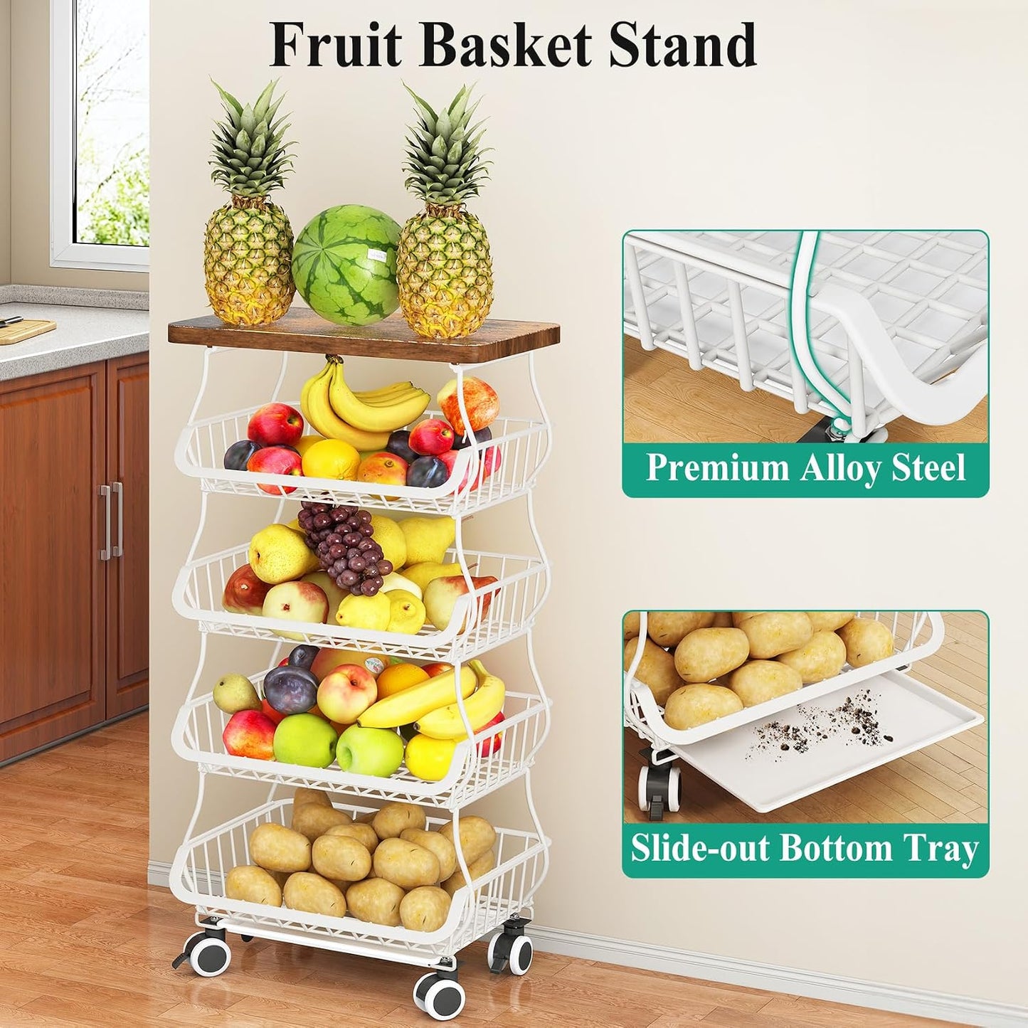 SAYZH Fruit Basket Kitchen Pantry Organizers and Storage - Wooden Top Table, Stackable Metal Wire Basket Stand Cart for Fruit Vegetable Snacks Onion Potato Organization (Black, 5 Tiers)