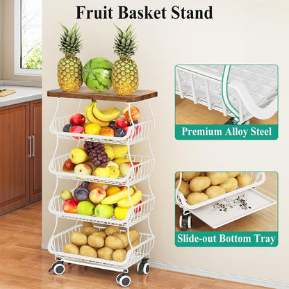 SAYZH Fruit Basket Kitchen Pantry Organizers and Storage - Wooden Top Table, Stackable Metal Wire Basket Stand Cart for Fruit Vegetable Snacks Onion Potato Organization (Black, 5 Tiers)