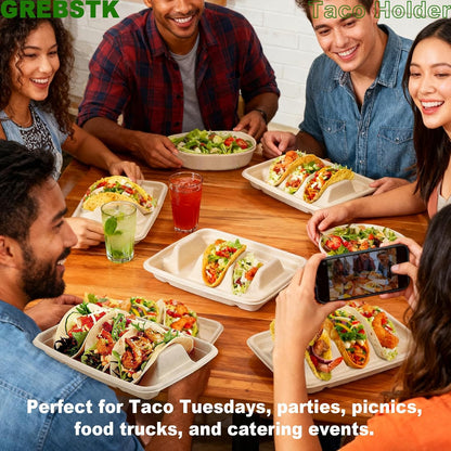 GREBSTK 30 Pack Disposable Taco Holders, Compostable Bagasse Pulp Taco Plates with 3 Dividers for Taco Tuesday Party, Lazy Susan Bar Serving Set for Tacos, Hot Dogs, Sandwiches