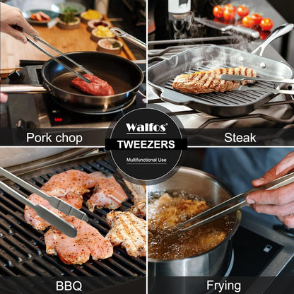 WALFOS Tweezer Tongs for Cooking, Kitchen Tweezers Stainless Steel Pasta Tweezers Tongs for Cooking, Roasting, Grabbing Small Objects, Dessert, BBQ, Spaghetti 3 Pcs (8+10+12-Inch)