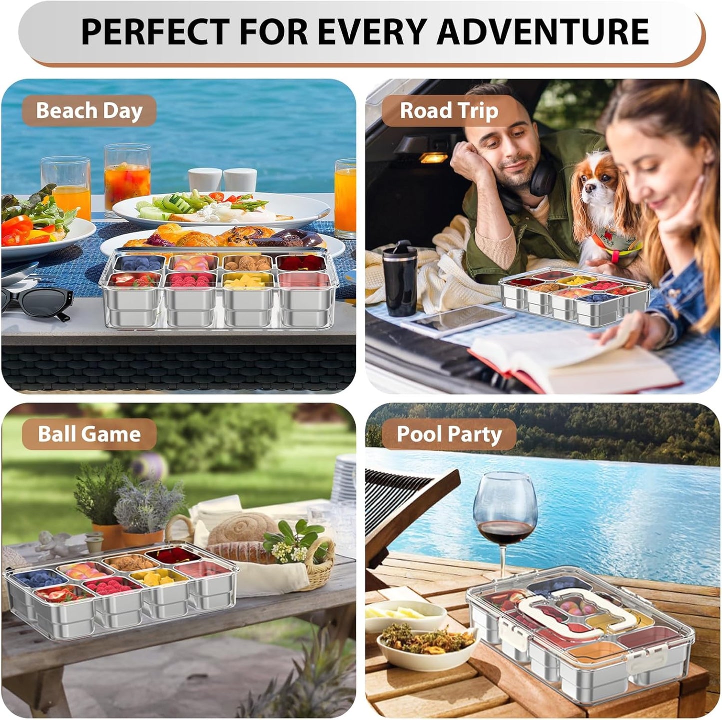 Snackle Box Container,8 Compartment Stainless Steel Food Storage with Silicone Lid & Handle,Clear Divided Fruit Nut Veggie Tray for Kitchen, Picnic, Party