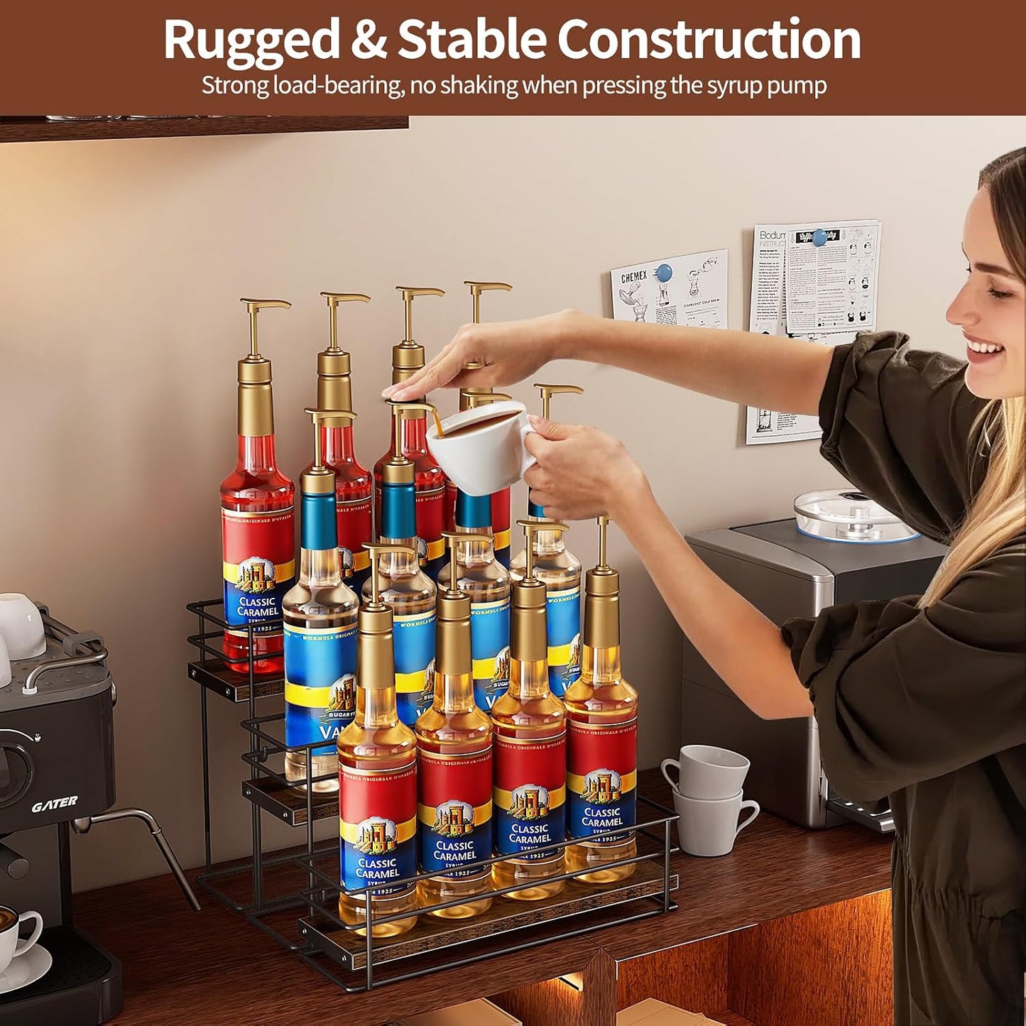 Nuovoware Coffee Syrup Organizer, 2-Tier 10 Bottles Bar Organizer, Separable Metal Rack with Wooden Base Whiskey Wine Dressing for Countertop Kitchen Coffee Bar, Black