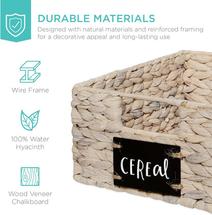 Best Choice Products Set of 4 9x12in Water Hyacinth Pantry Baskets, Woven Organizers w/Chalkboard Label, Chalk Marker - Natural